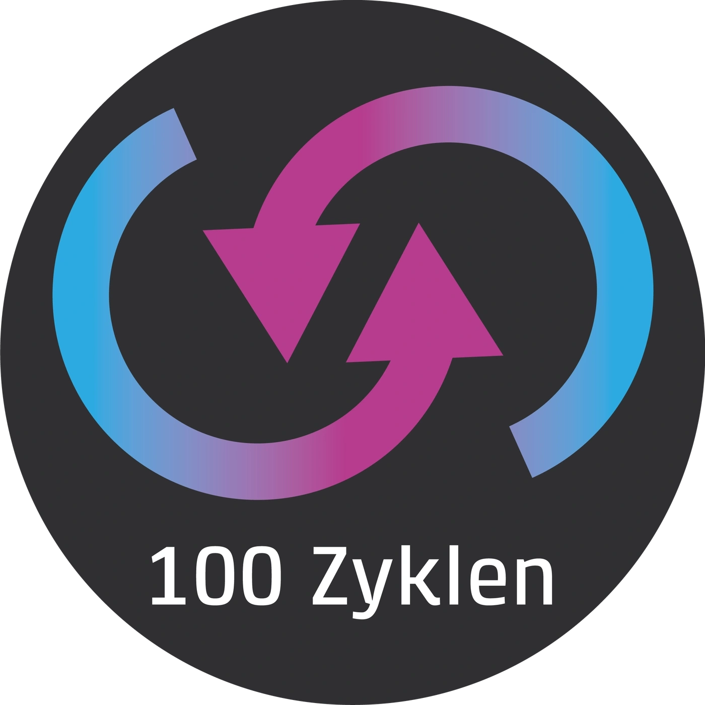 Kreisförmiges Logo mit Pfeilen und der Aufschrift 100 Zyklen in Weiß auf schwarzem Hintergrund.