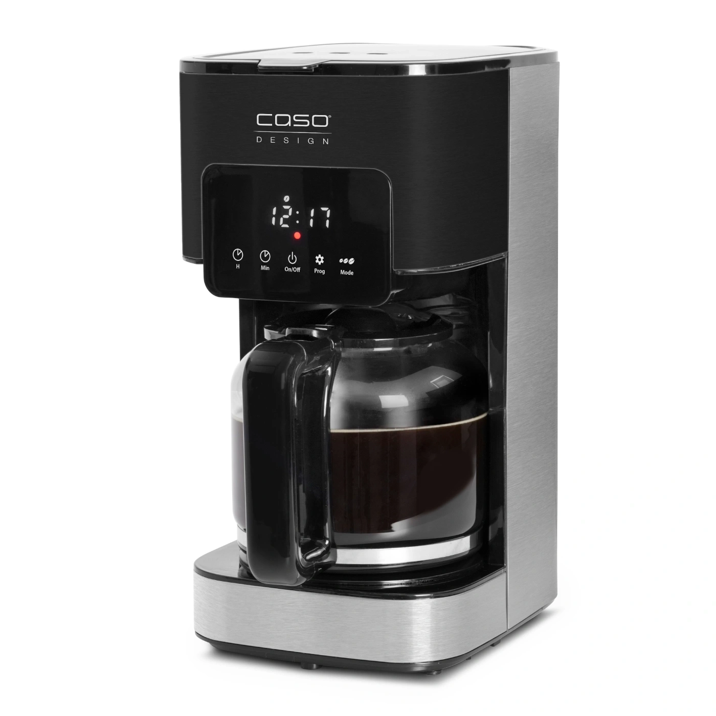 Coffee machine with digital display, black design, and glass carafe.