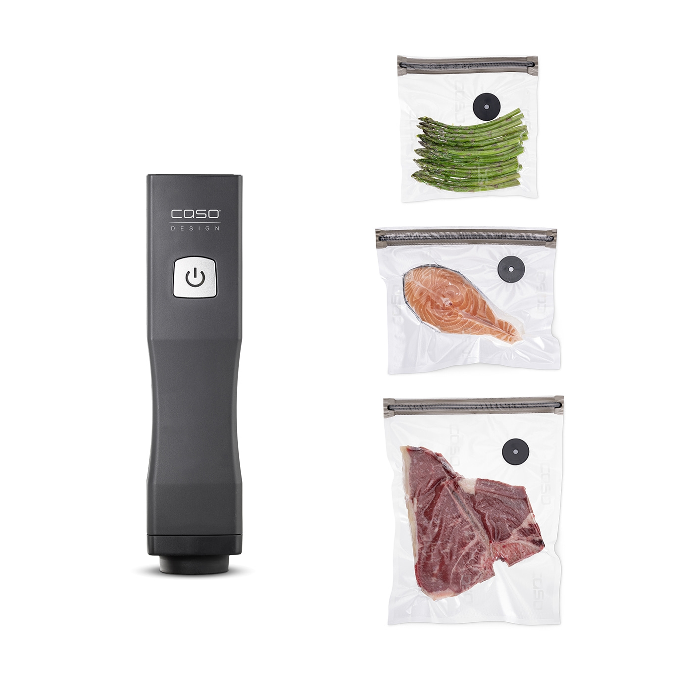 Vacuum sealer with vegetables, fish, and meat in bags