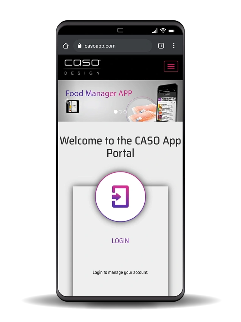 CASO App Portal with login button and Food Manager App advertisement