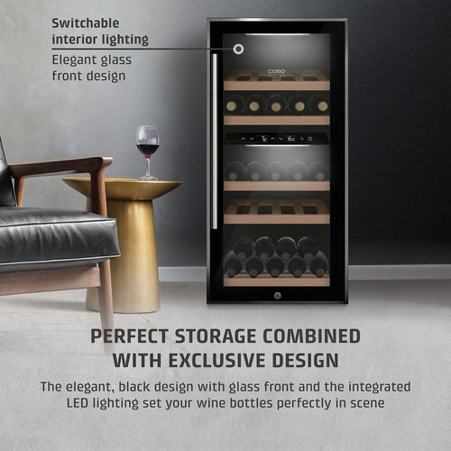 Wine cooler with glass front, elegant design, perfect wine storage, interior lighting.