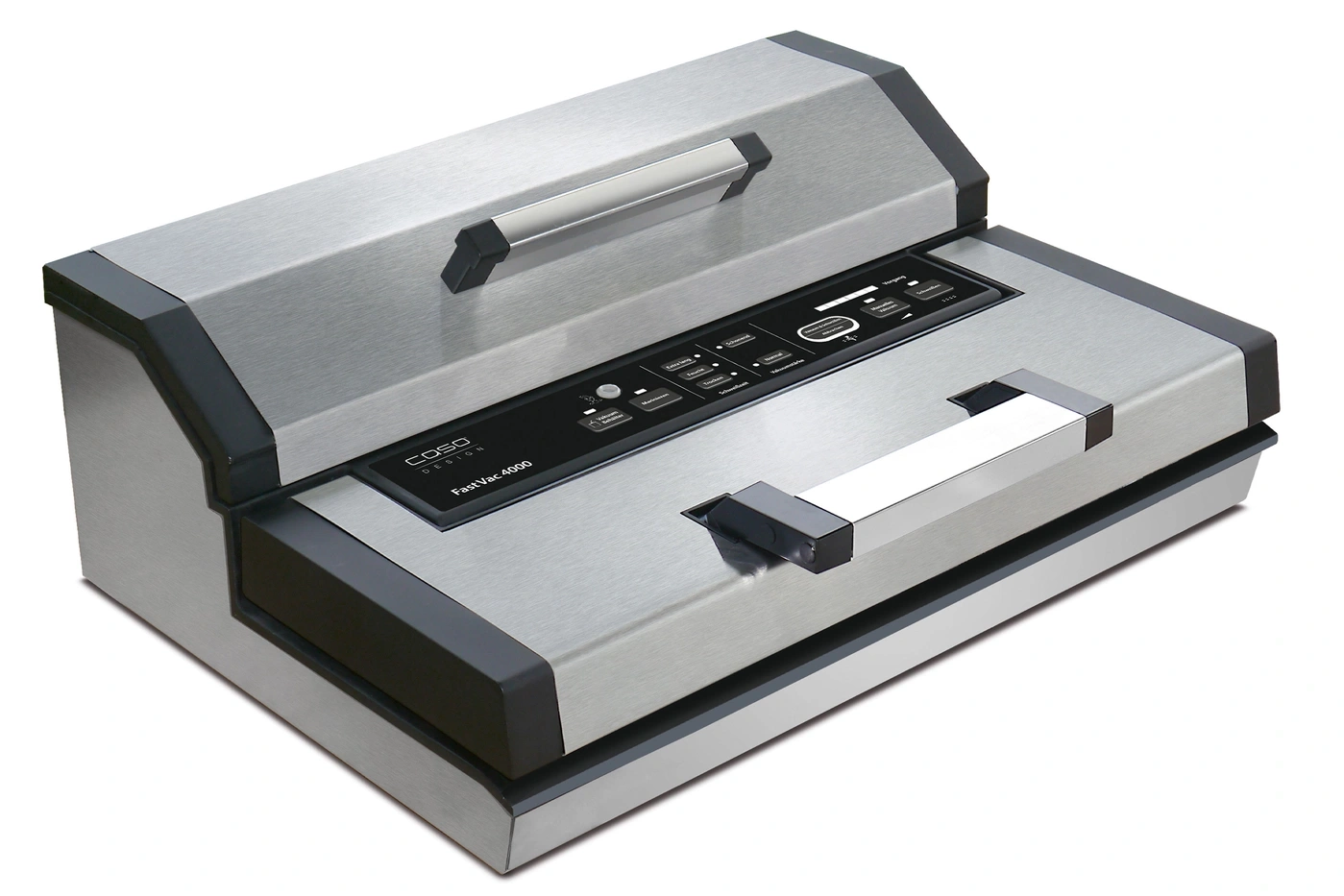 Stainless steel vacuum sealer with controls and handles, perfect for preserving food in the kitchen.