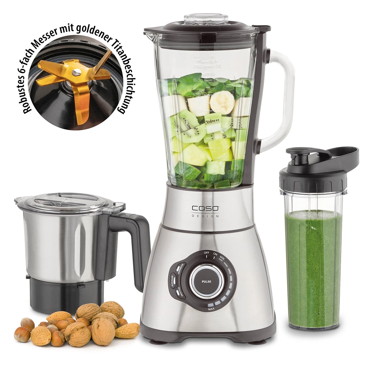 Küchenmaschine mit Smoothie-Becher, Mixer, Zerkleinerer und Nüssen. Edelstahl-Design.
