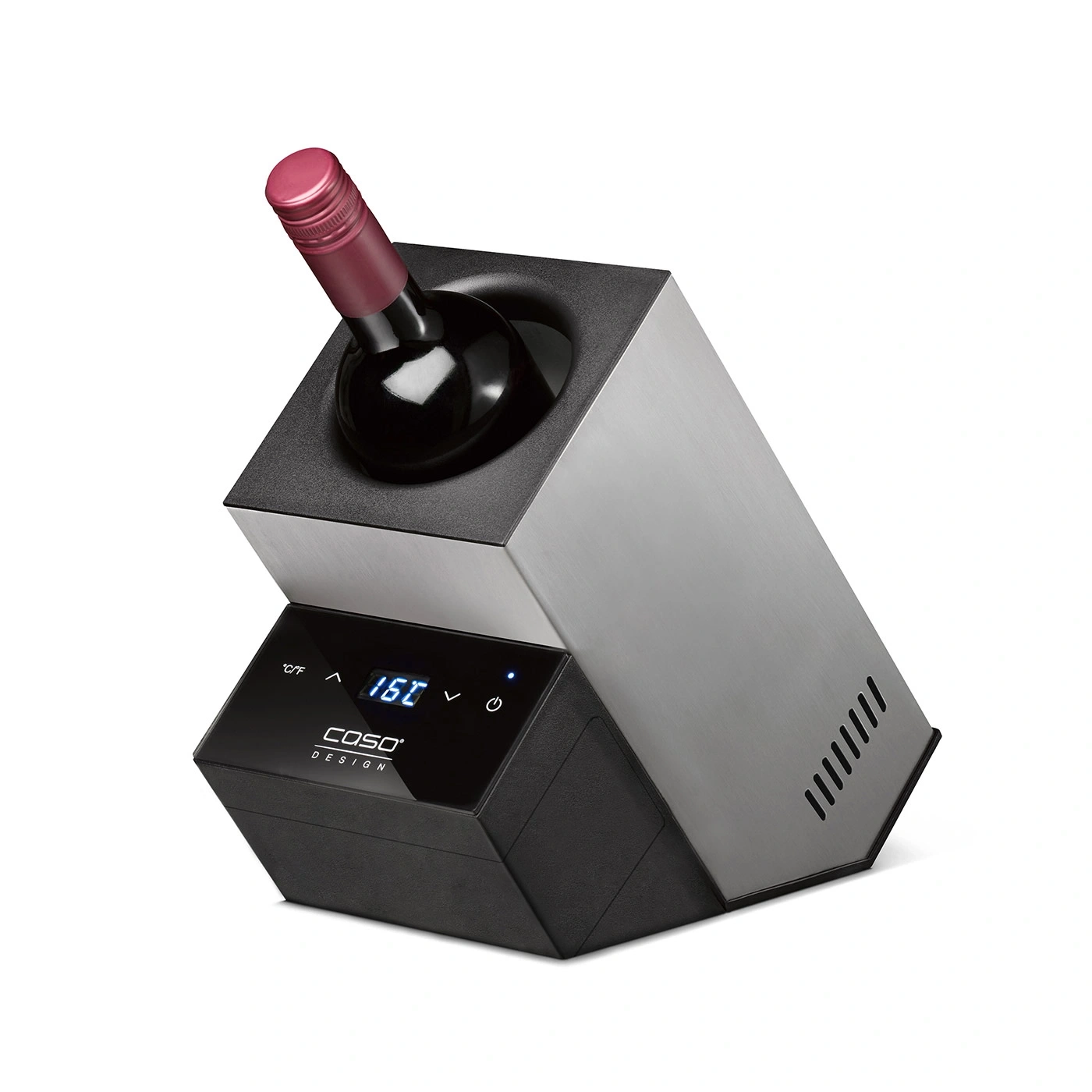 Wine cooler with a wine bottle, temperature display, and design