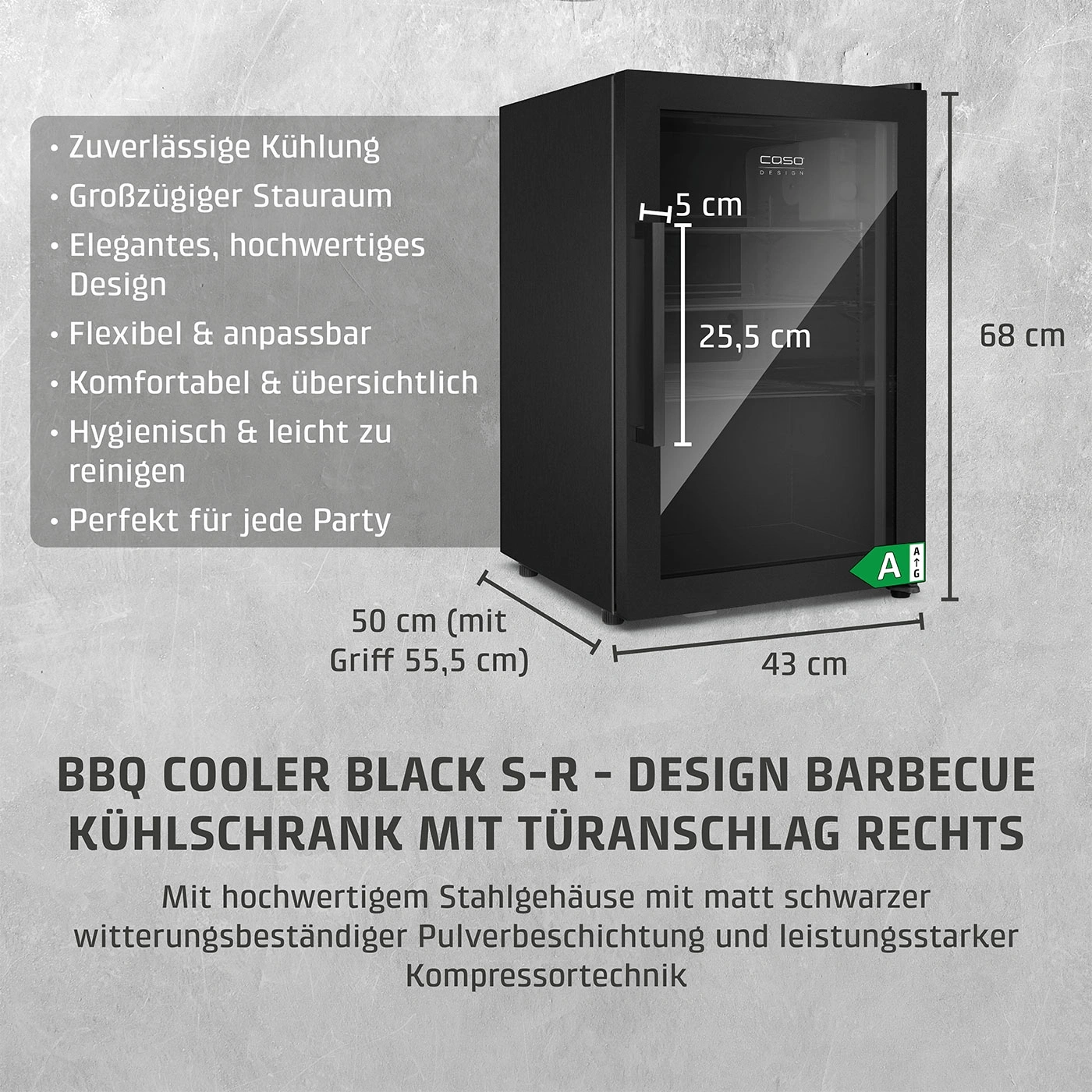 Schwarzer Kühlschrank mit Eigenschaften wie Zuverlässigkeit, Design und Party-Eignung. Abmessungen: 50x43x68 cm.