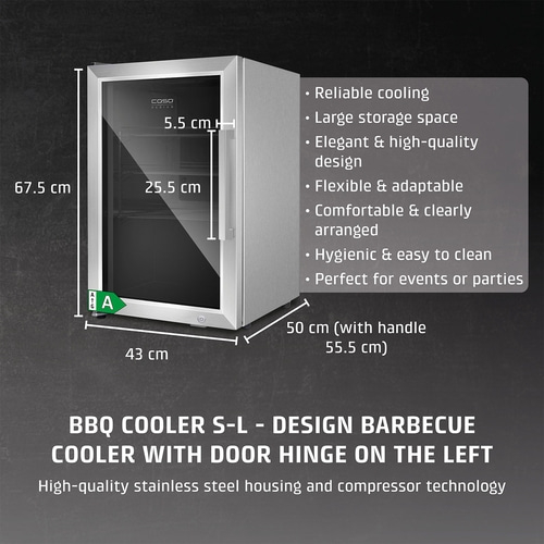 Refrigerator with stainless steel housing, BBQ Cooler S-L, Design Barbecue, door hinge left