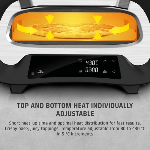 Pizza oven with temperature display and text: Top & bottom heat separately controllable