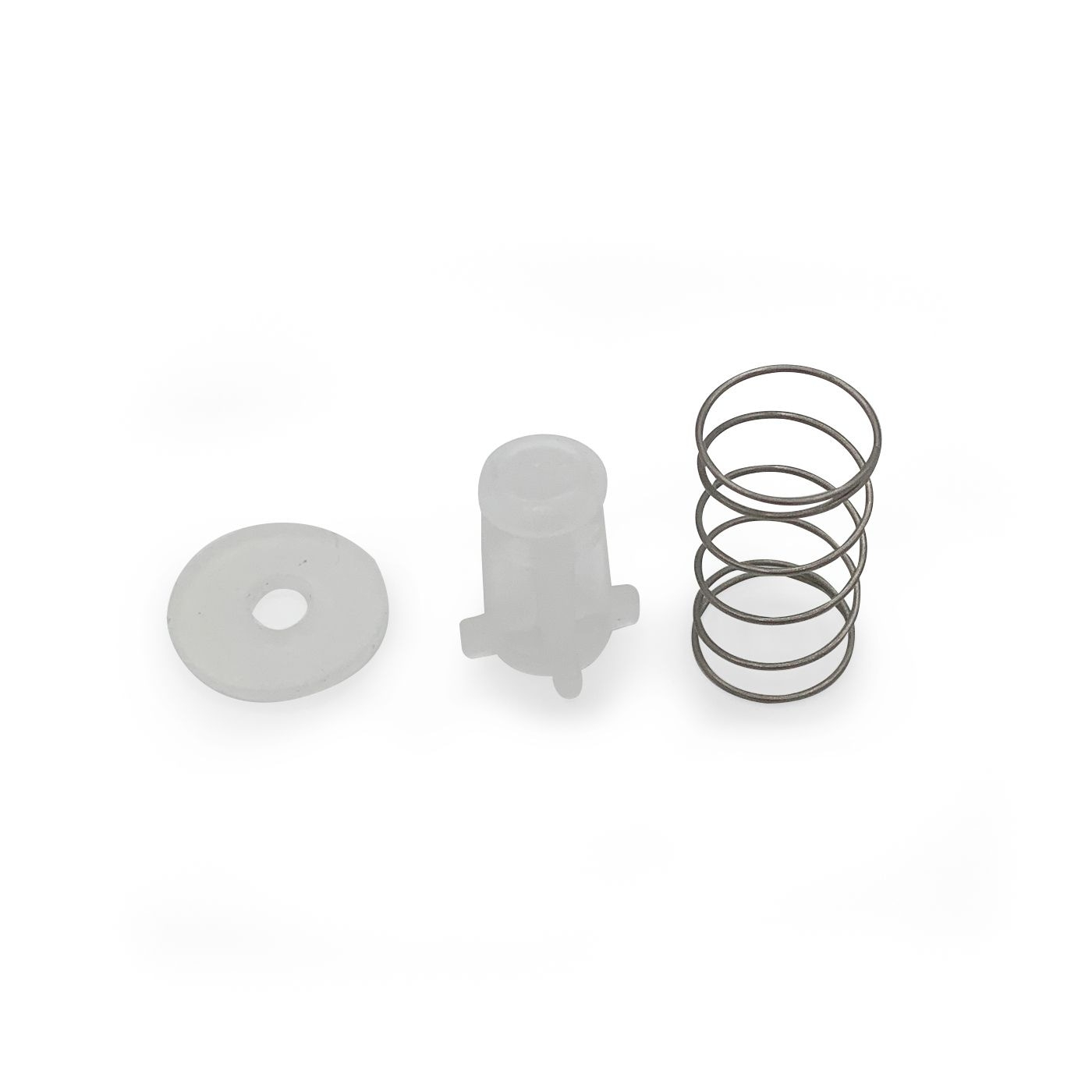 Three parts: washer, plastic part, spring. Individual parts on a white background.