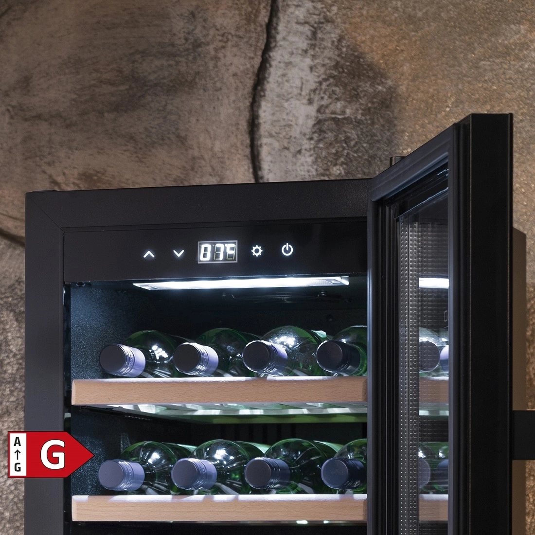 Wine cooler with open door, temperature display, and energy efficiency class G.