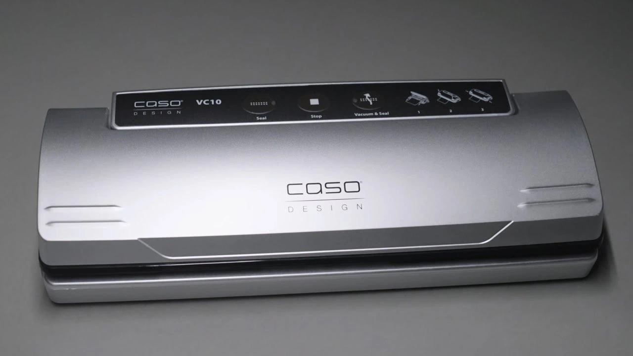 Silver CASO VC10 vacuum sealer with control panel and logo design.