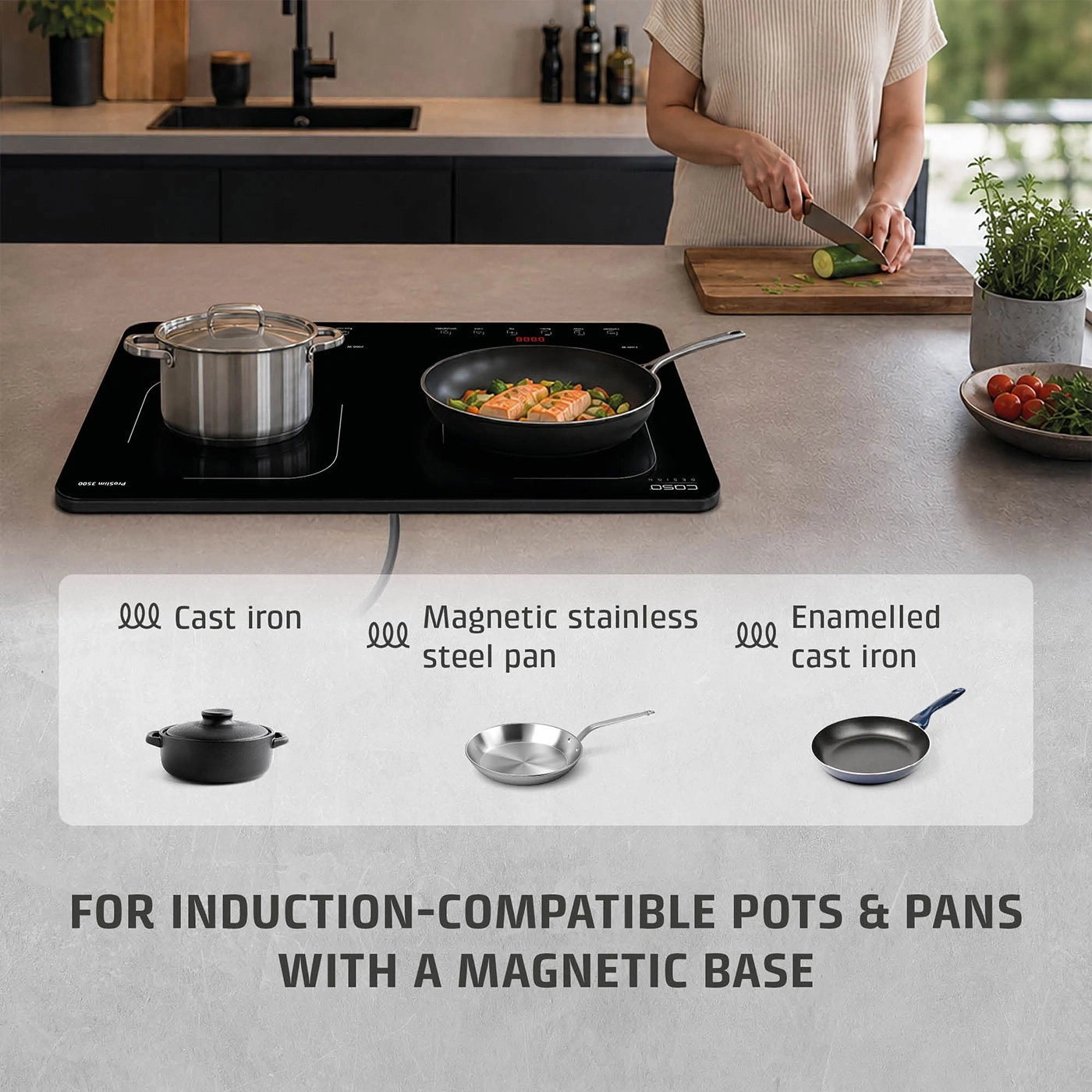 Induction hob with various cookware and the text "FOR INDUCTION-SUITABLE POTS & PANS WITH MAGNETIC BASE"