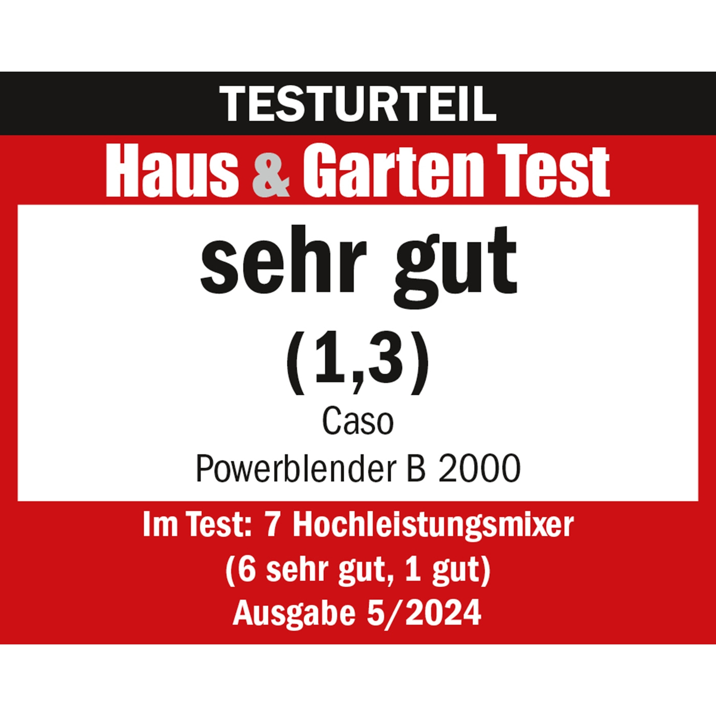 Testurteil: Haus & Garten Test, sehr gut (1,3), Caso Powerblender B 2000, Ausgabe 5/2024