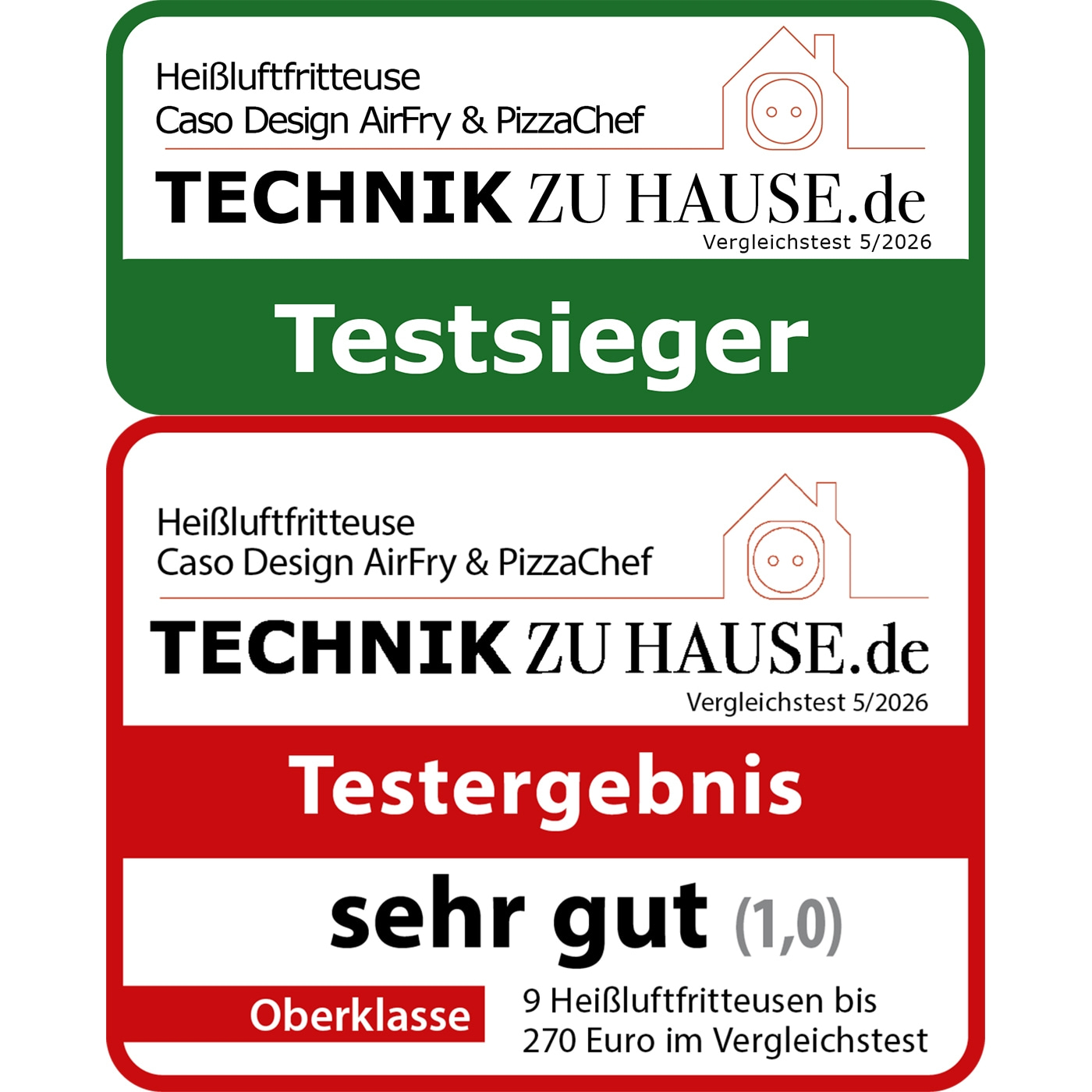 Zwei Siegel für Heißluftfritteusen: Testsieger und Testergebnis Sehr Gut.
