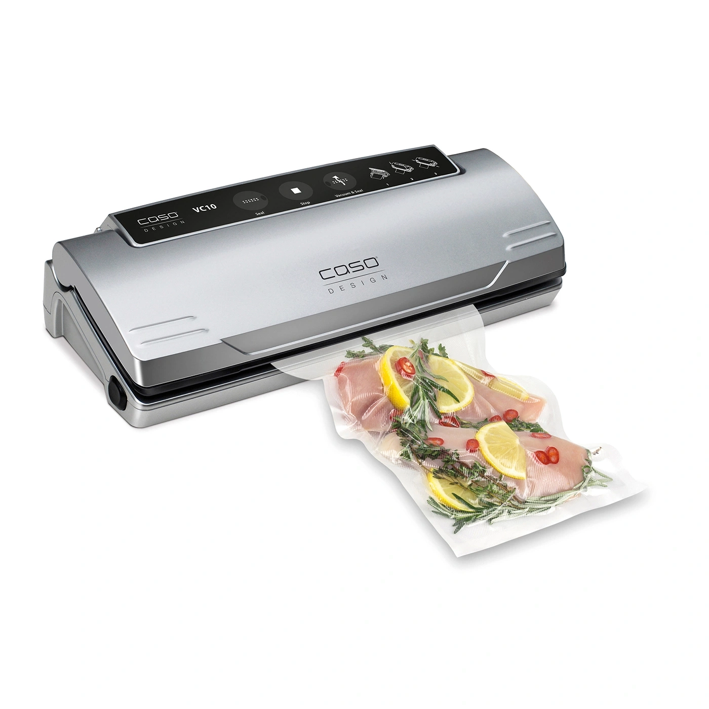 Vacuum sealer with meat, lemon, and herbs in a bag. Caso VC10 design.