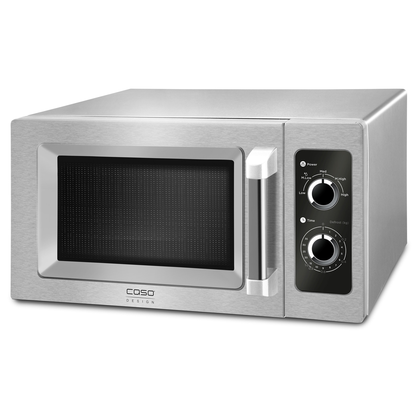 Stainless steel microwave with control panel and handle, COSO Design.