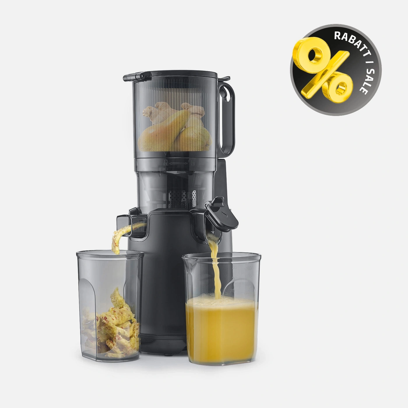 A juicer with fruit and juice, discount in sale sign.