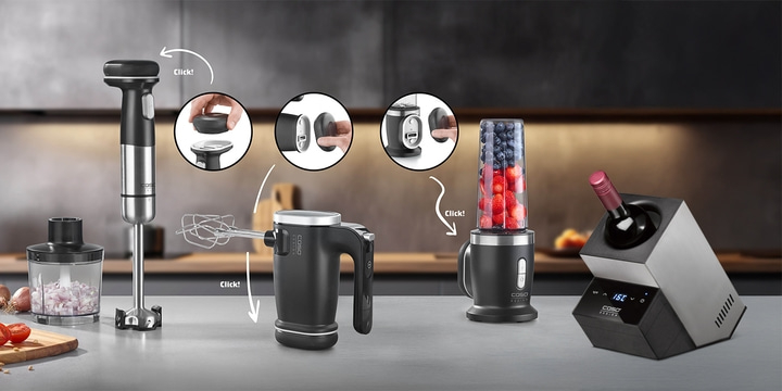 Kitchen appliances: immersion blender, hand mixer, blender and wine cooler on a countertop.