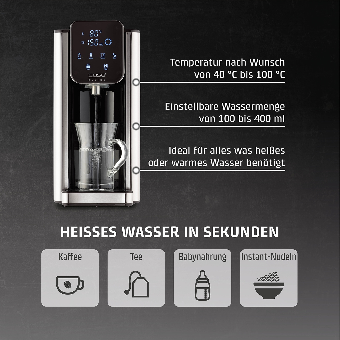 Heißwasserbereiter mit Temperaturregelung und verschiedenen Anwendungen wie Kaffee und Tee.