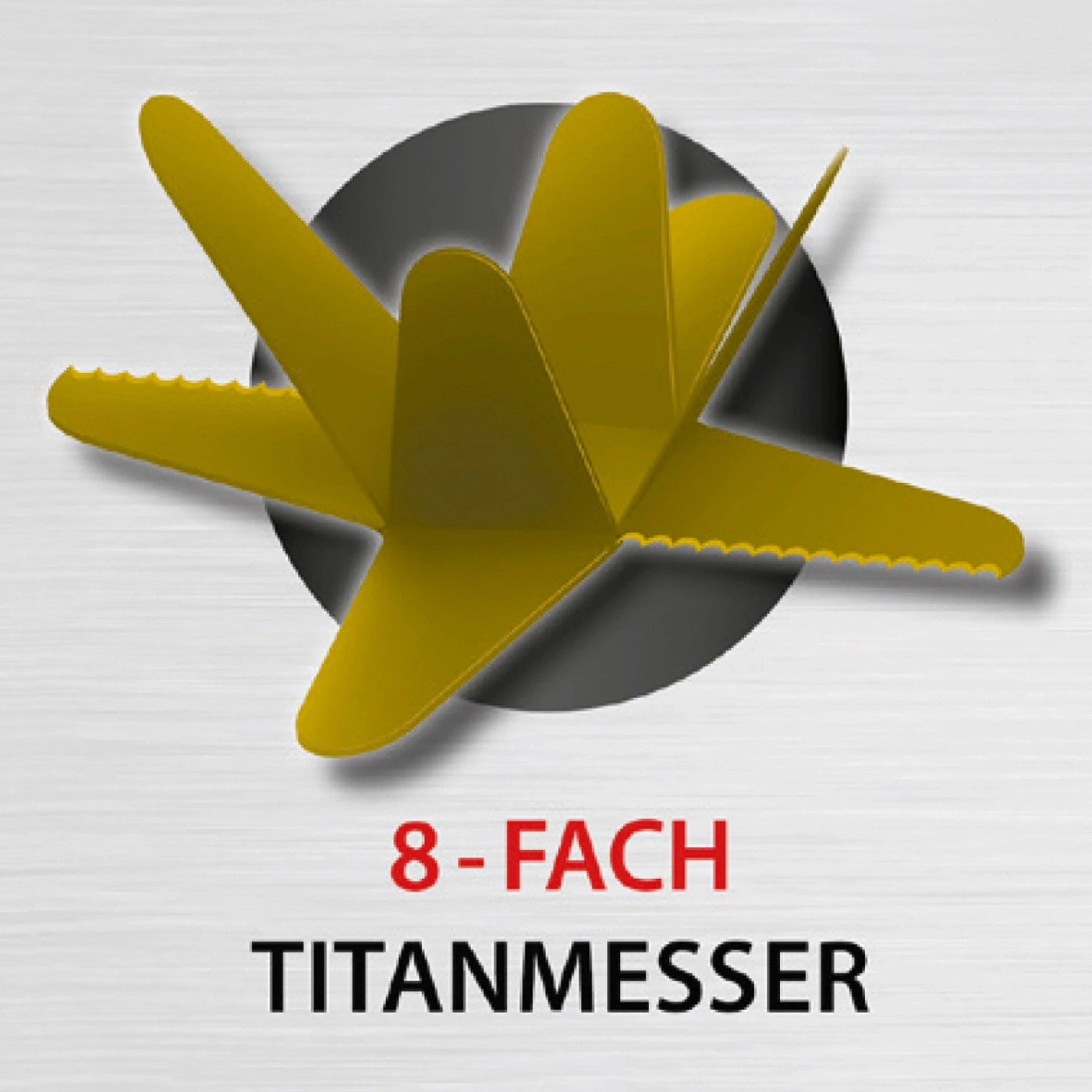 Gelbes Titanmesser mit 8 Klingen auf grauem Hintergrund, Text darunter.