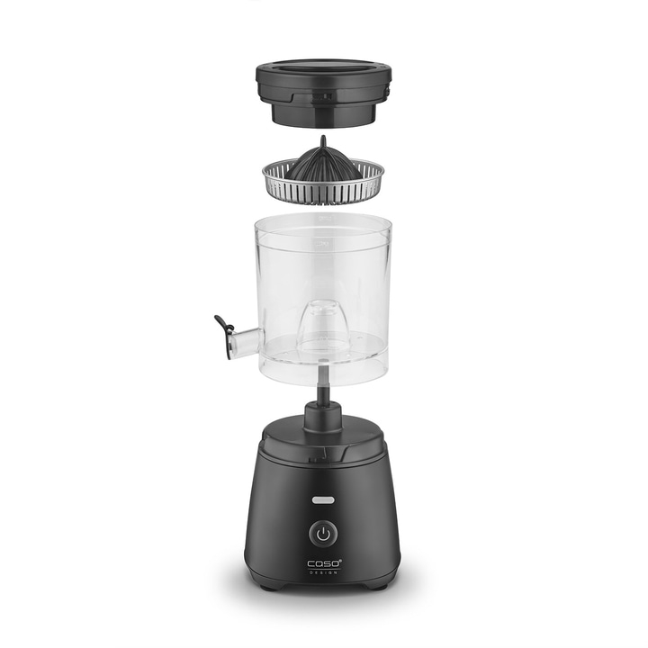 Exploded view of a black electric juicer with its individual components.