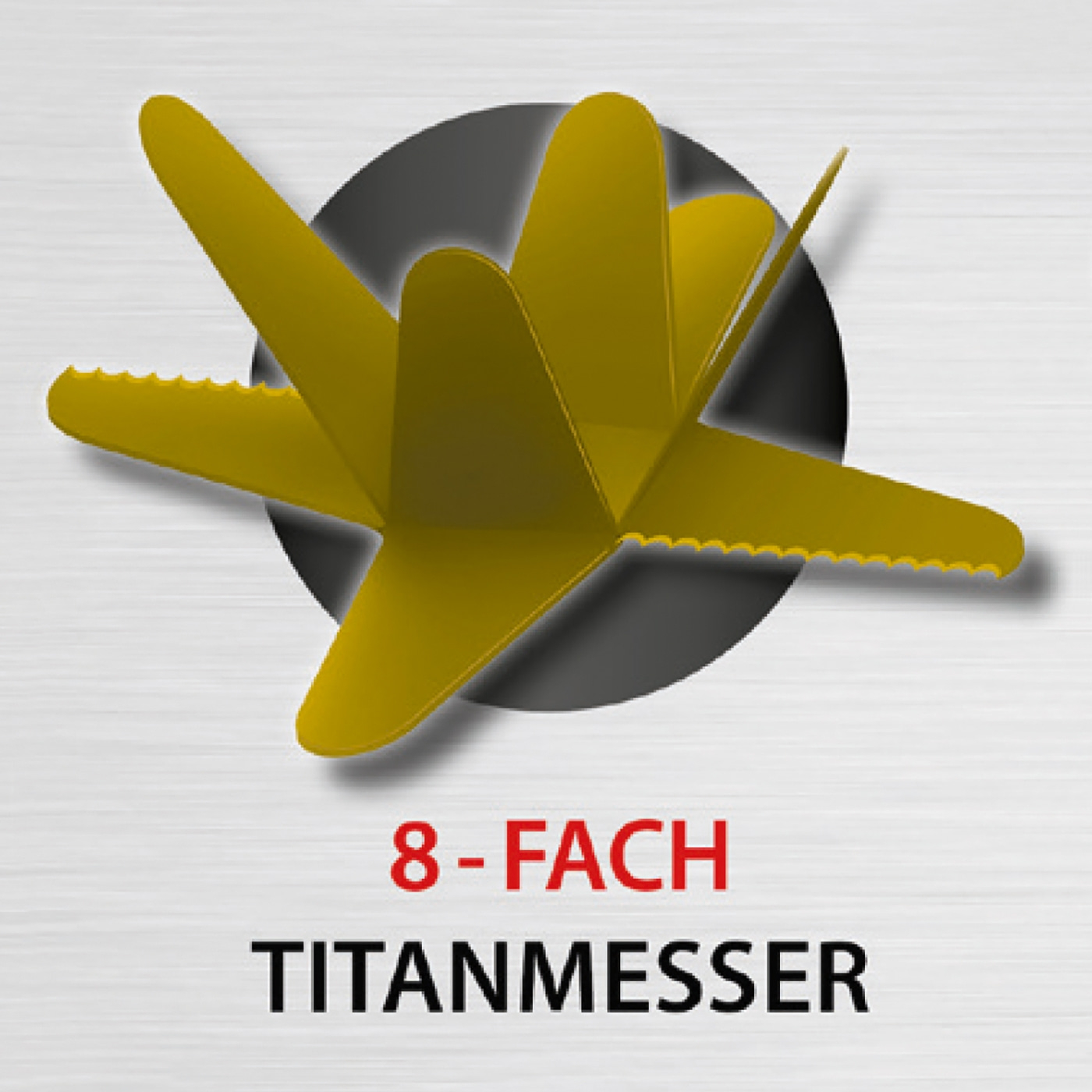 Yellow titanium blade with 8 blades on gray background, text below.
