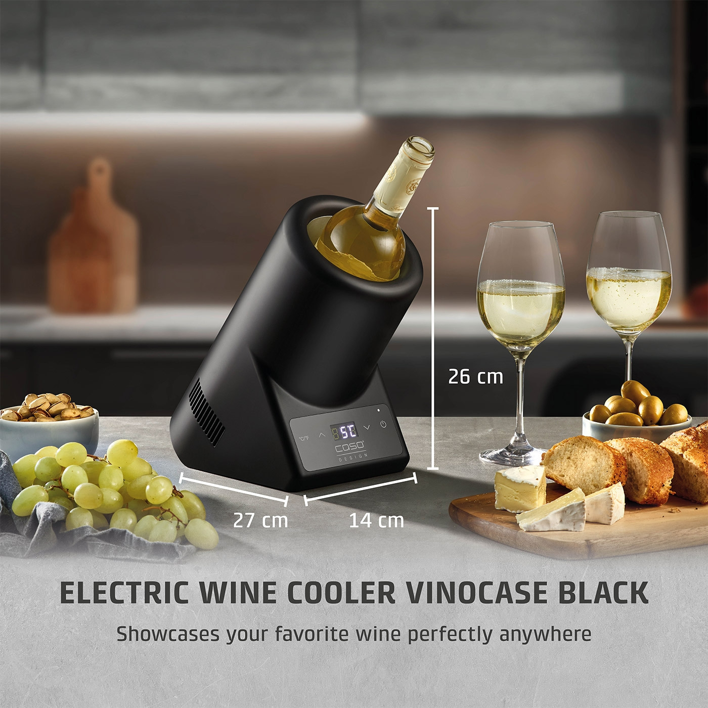 Electric bottle cooler, wine, glasses, cheese, bread, grapes, 26 cm, 27 cm, 14 cm, black