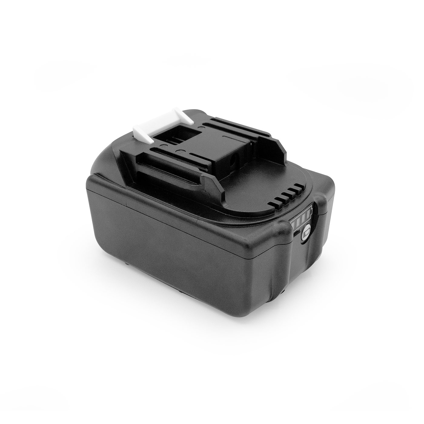 Black power tool battery isolated on white background, close-up shot