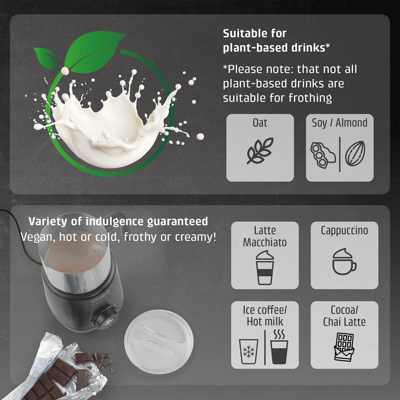 Milk frother with options for drinks like latte macchiato and cappuccino.