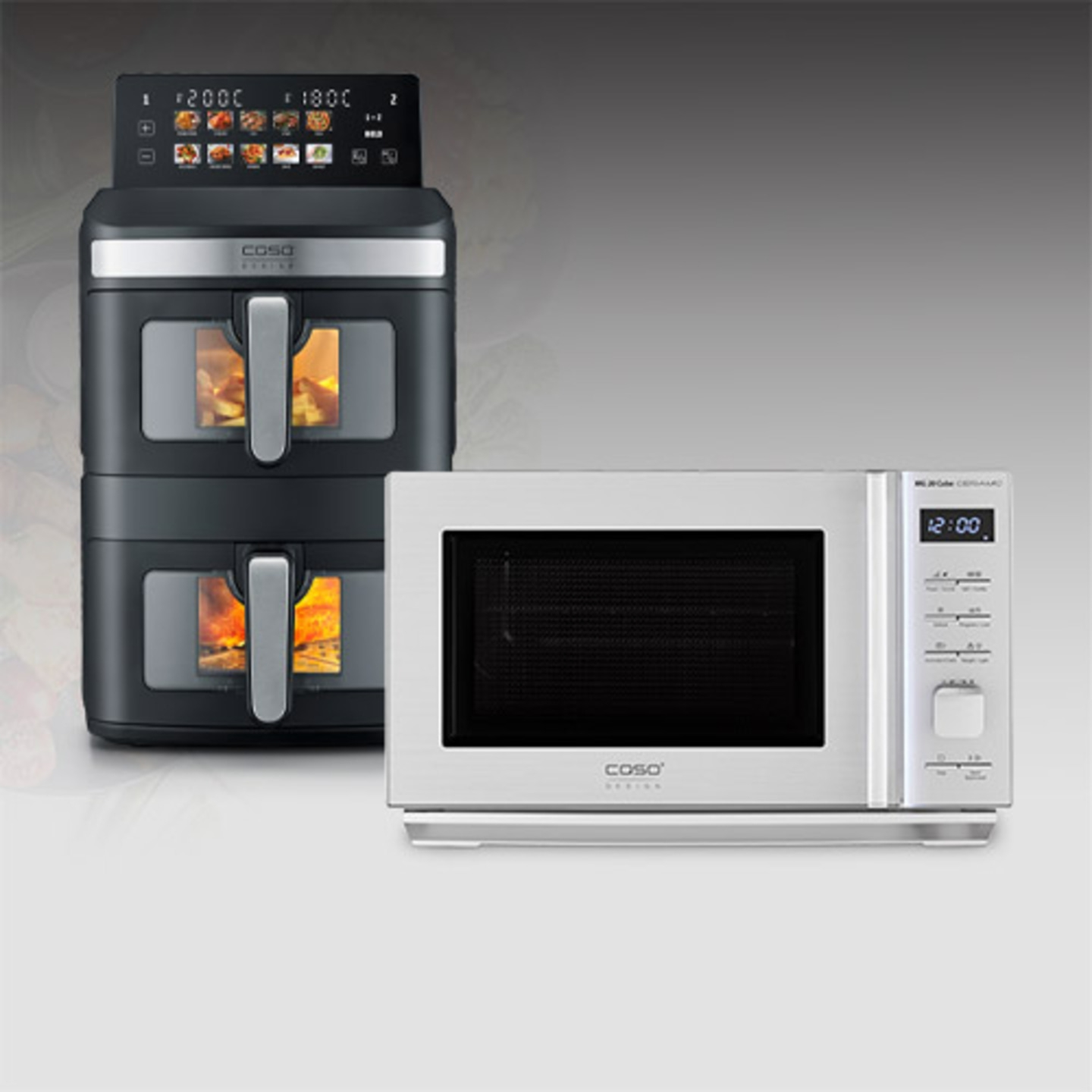 Doppel-Heißluftfritteuse und Mikrowelle mit Touchscreen-Bedienfeld und digitaler Anzeige.