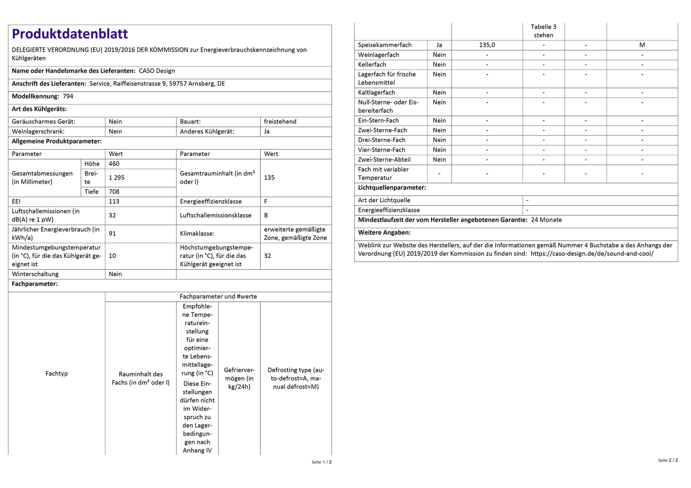 Kühlschrank Produktdatenblatt: Energieeffizienz, Abmessungen, Klimaklasse, Garantie, Fachparameter.