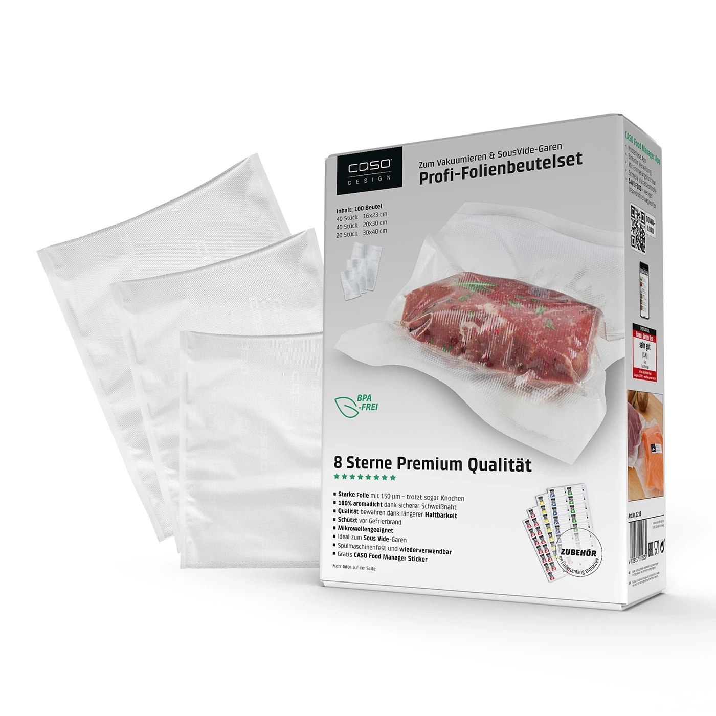 Profi-Folienset 5, 100 Folienbeutel, 150 µm 40x 16x23cm, 40x 20x30cm, 20x 30x40cm, zum Vakuumieren + Sous Vide Garen