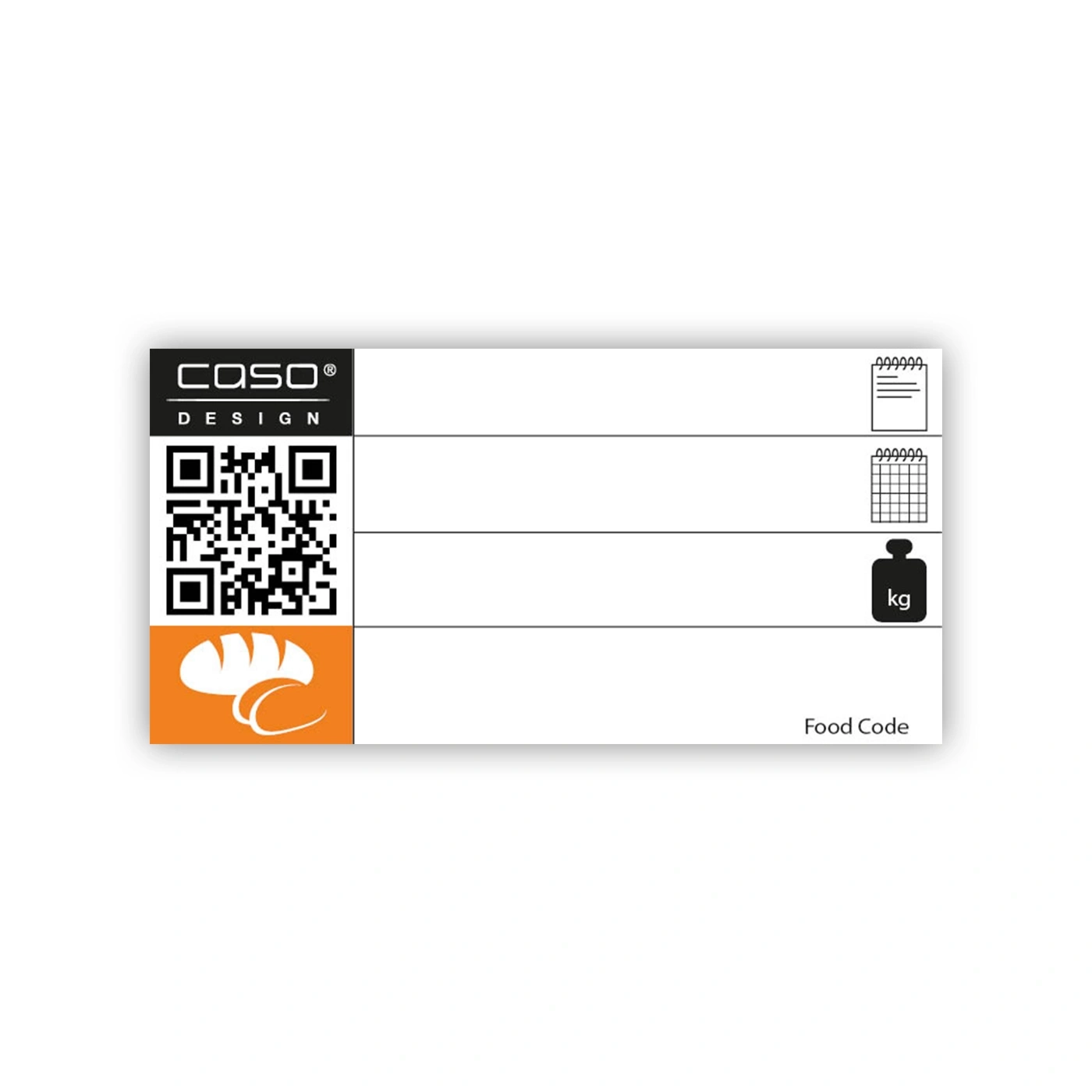 Label with logo, QR code, symbols, and text 'Food Code' on a white background.