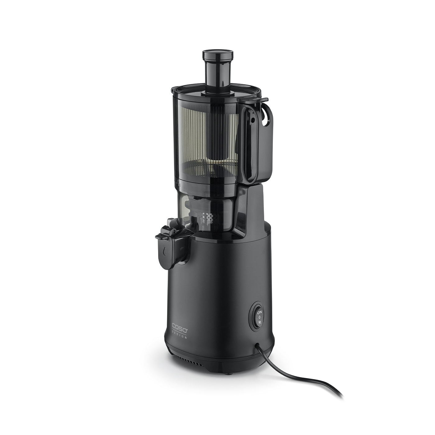 Black juicer, Caso design, electric, with on/off switch, cable, kitchen appliance