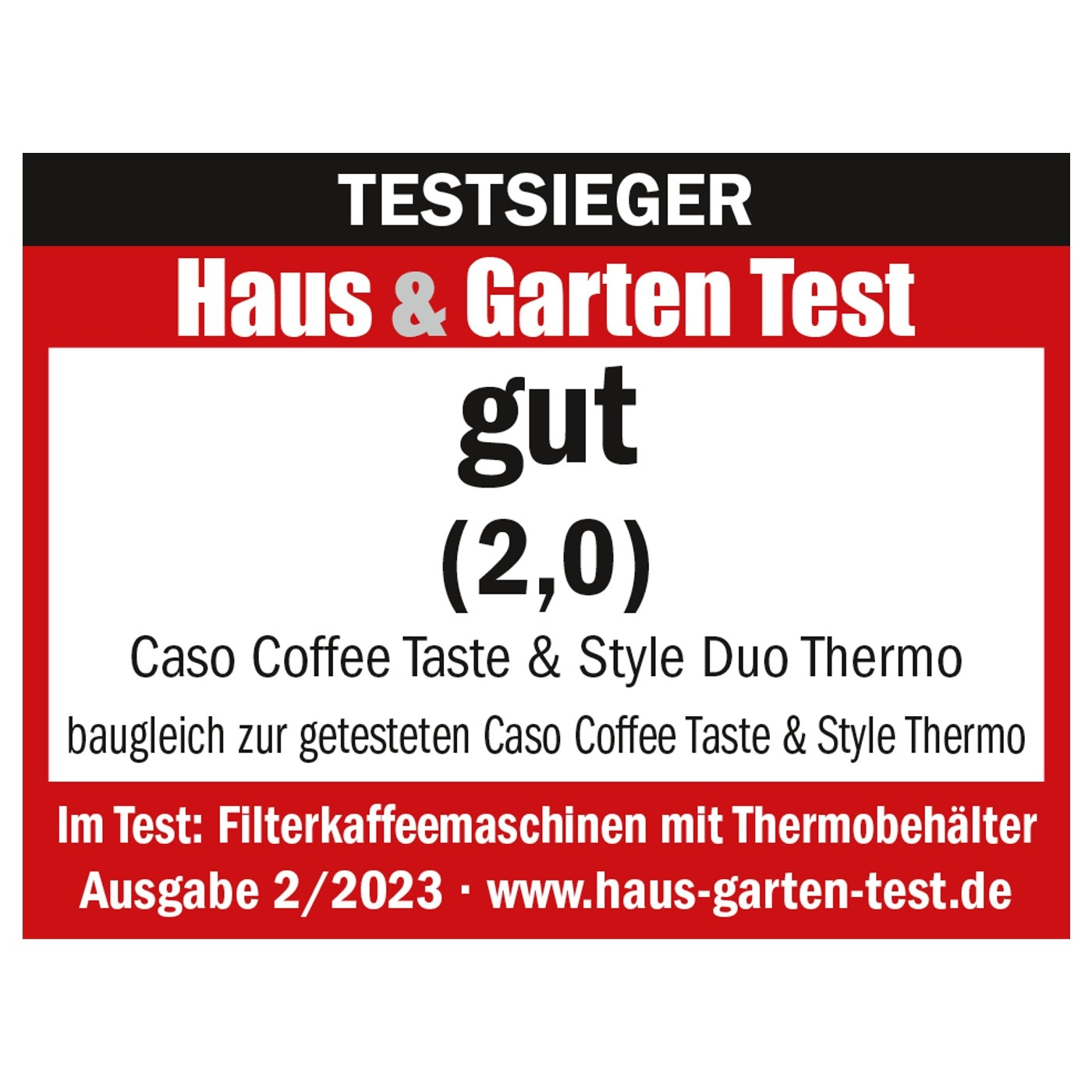 Test award for Caso Coffee Taste & Style Duo Thermo, grade good (2.0).
