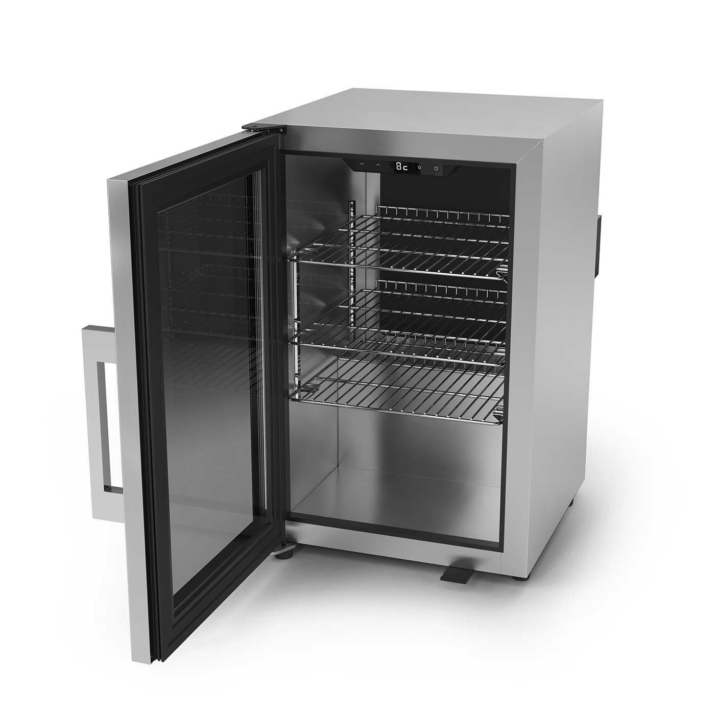 Kühlschrank mit offener Tür, Temperaturanzeige, Edelstahl, Innenraum mit Regalen
