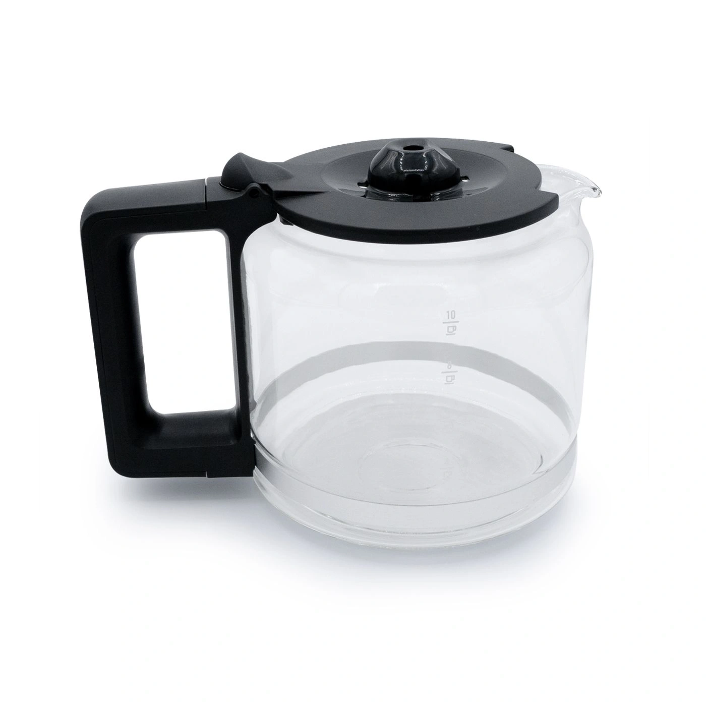 Glass coffee pot with black lid and handle, empty and clean.