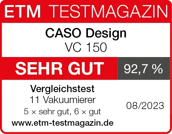 ETM Testmagazin Bewertung: CASO Design VC 150, Note SEHR GUT, 92,7%, 08/2023