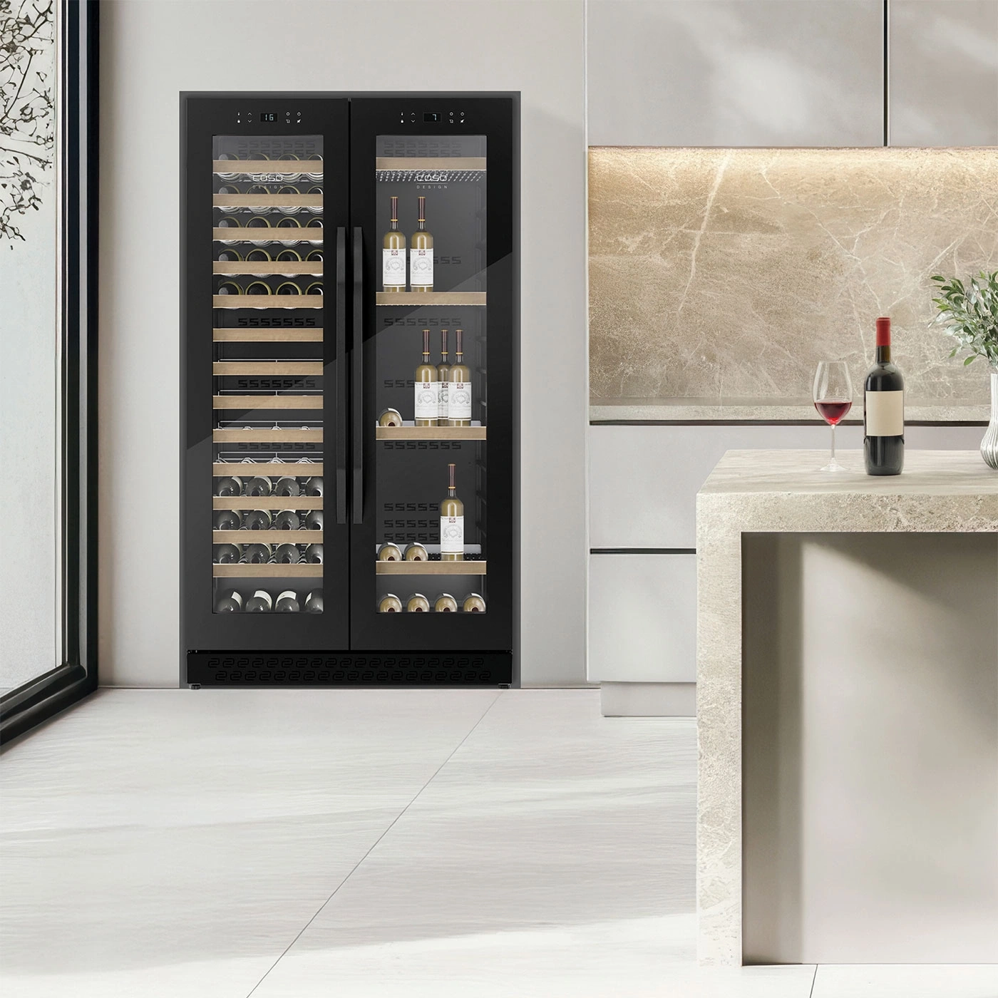 A modern wine fridge with glass doors and wooden shelves in a stylish kitchen setting.