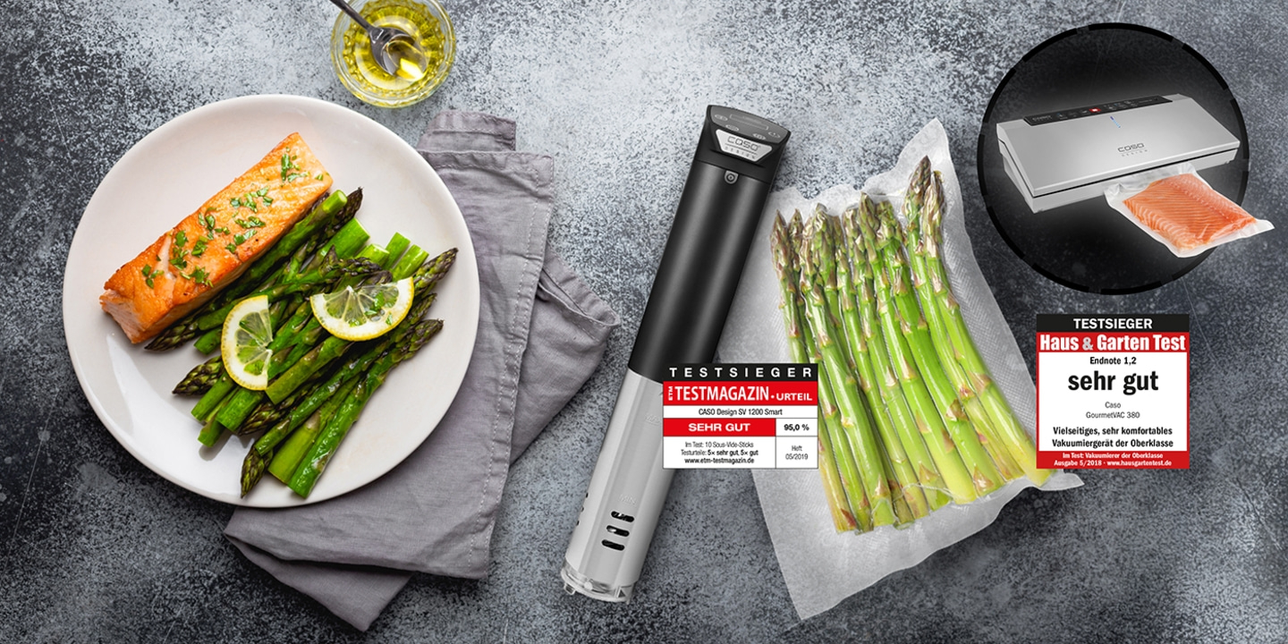 Lachs mit Spargel, Caso-Geräte, Testmagazin-Auszeichnung, sehr gut bewertet.