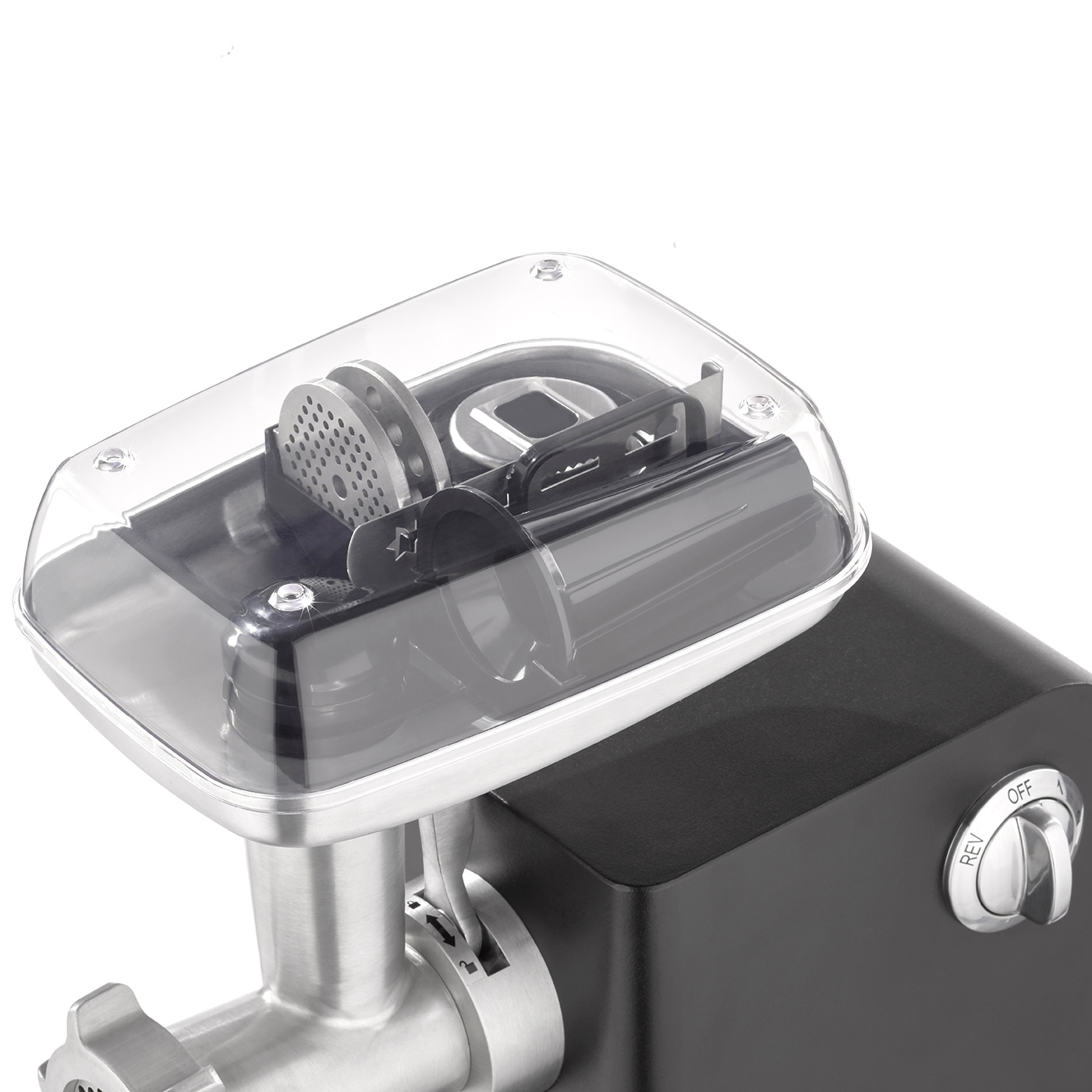 Fleischwolf mit transparentem Deckel und verschiedenen Aufsätzen, Nahaufnahme