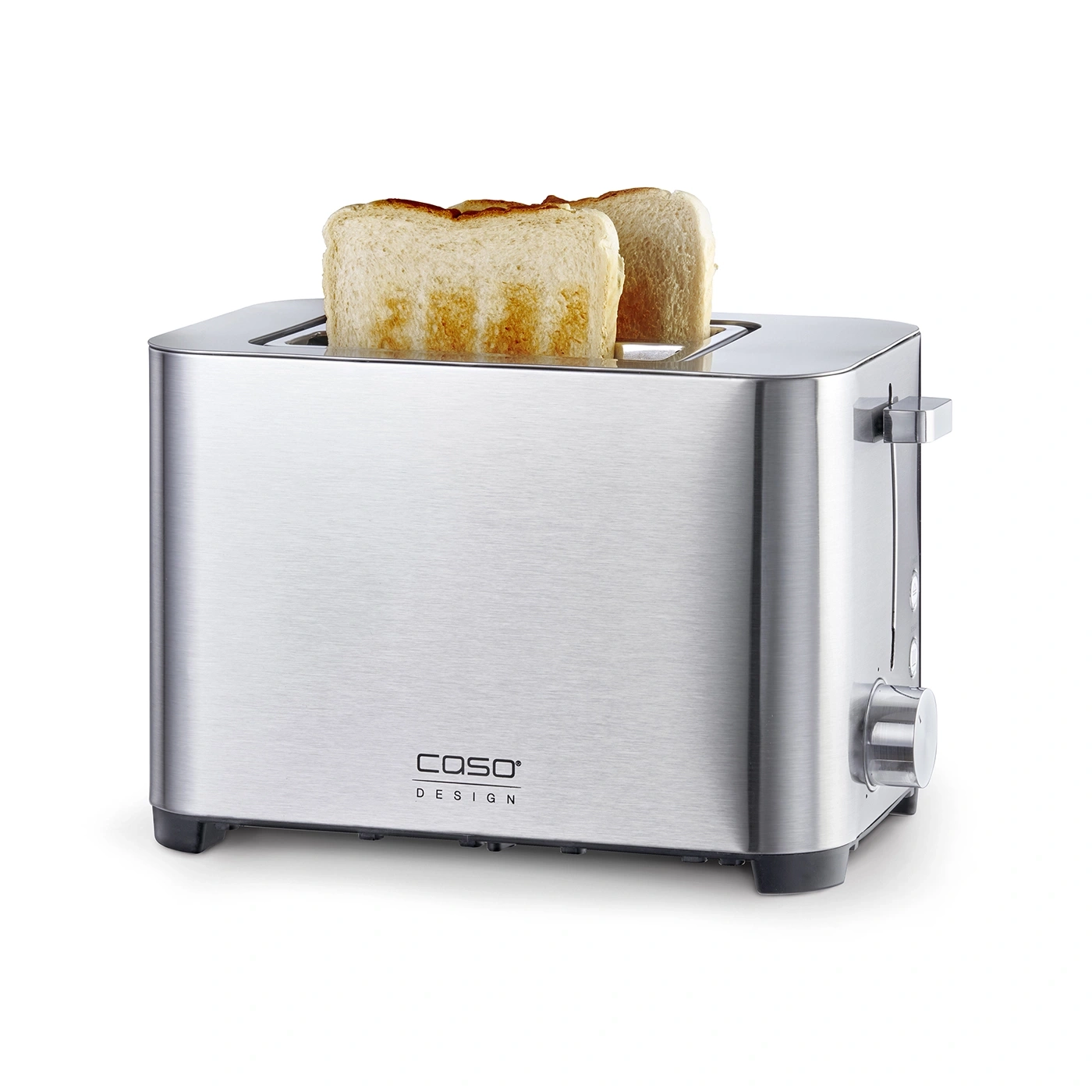 A silver toaster with two slices of toast sticking out of the toaster.