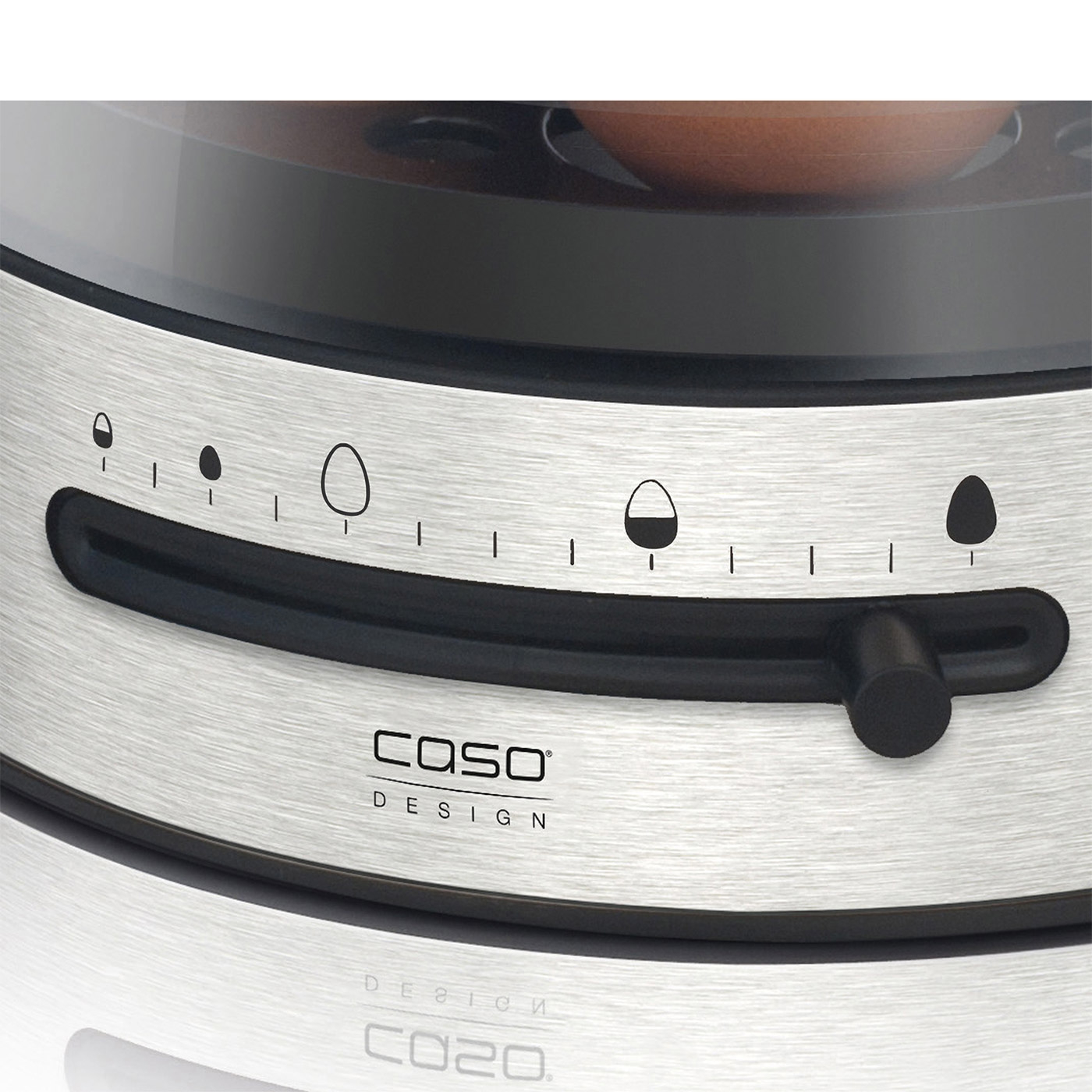Egg cooker with dial for different cooking levels and Caso Design logo.