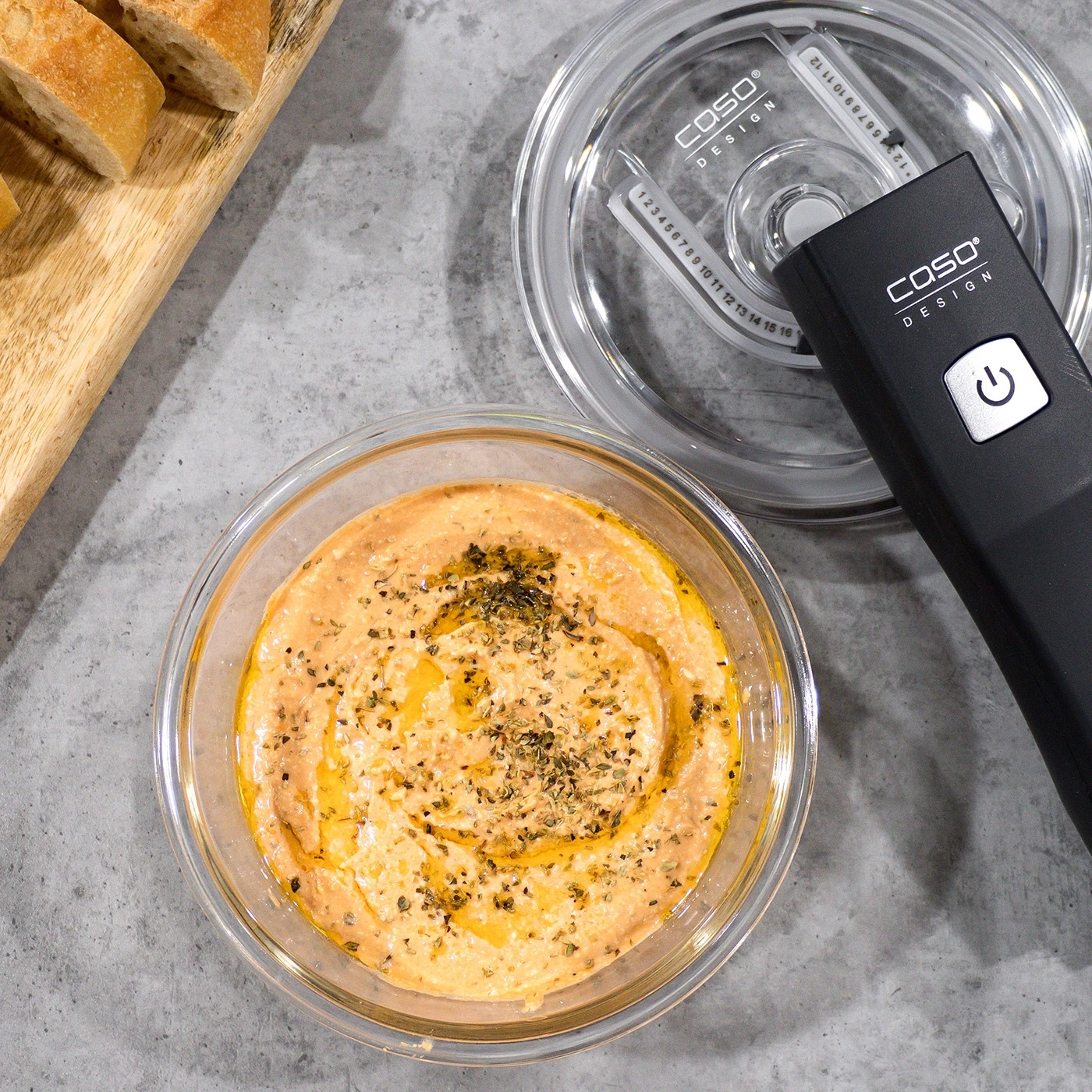 Hummus with bread, Caso Design vacuum sealer, glass container, food, kitchen, meal