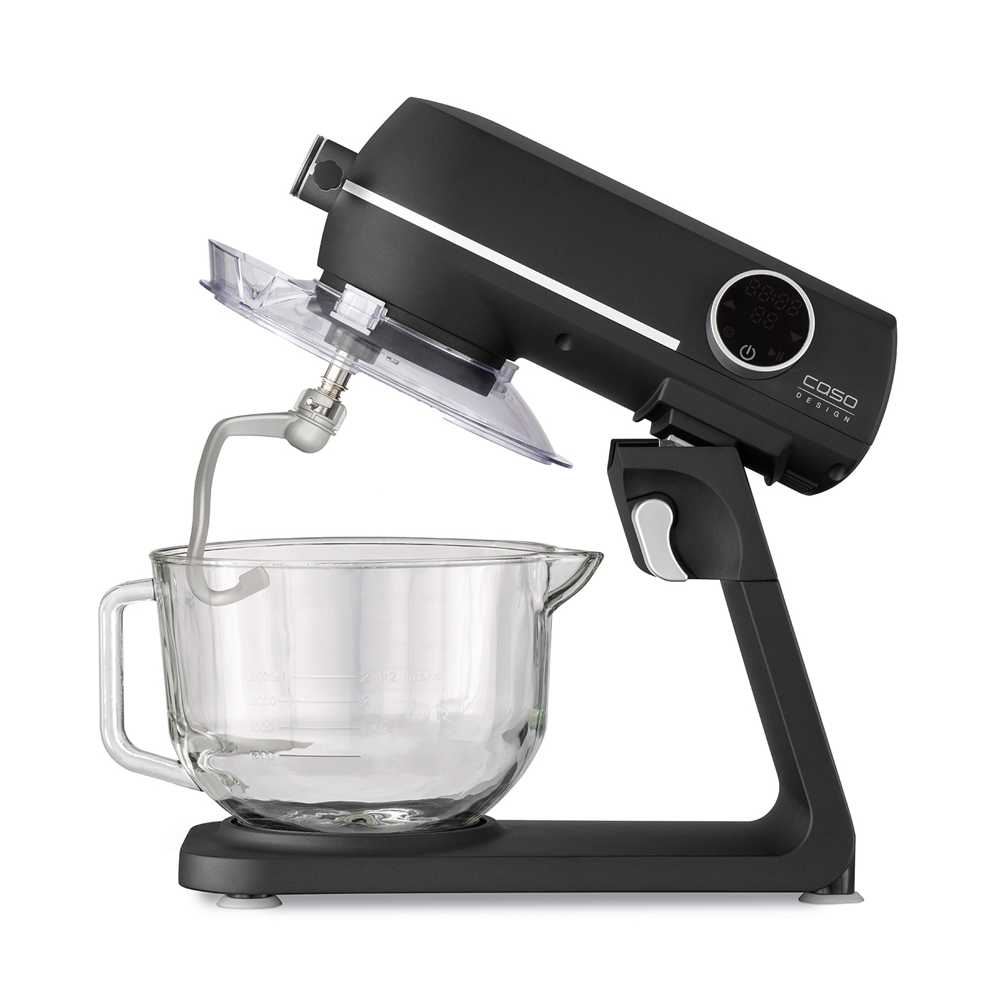 Schwarze Küchenmaschine mit Glasbehälter und digitaler Anzeige, Caso Design.