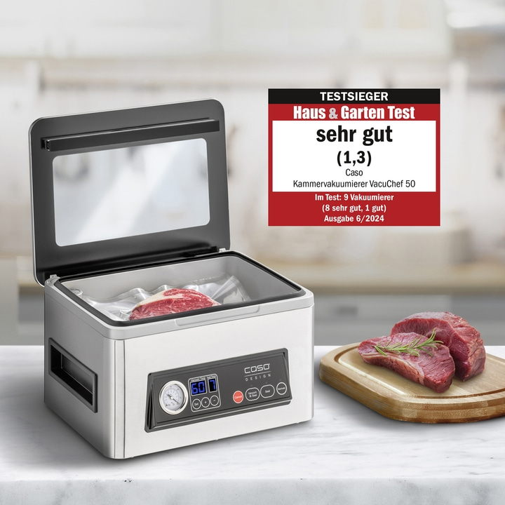 Vakuumierer mit Fleisch auf einem Brett, Testergebnis sehr gut.