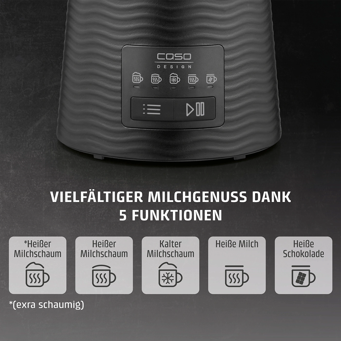 Milchaufschäumer mit 5 Funktionen: Heißer Milchschaum, kalter Milchschaum, heiße Milch, heiße Schokolade.