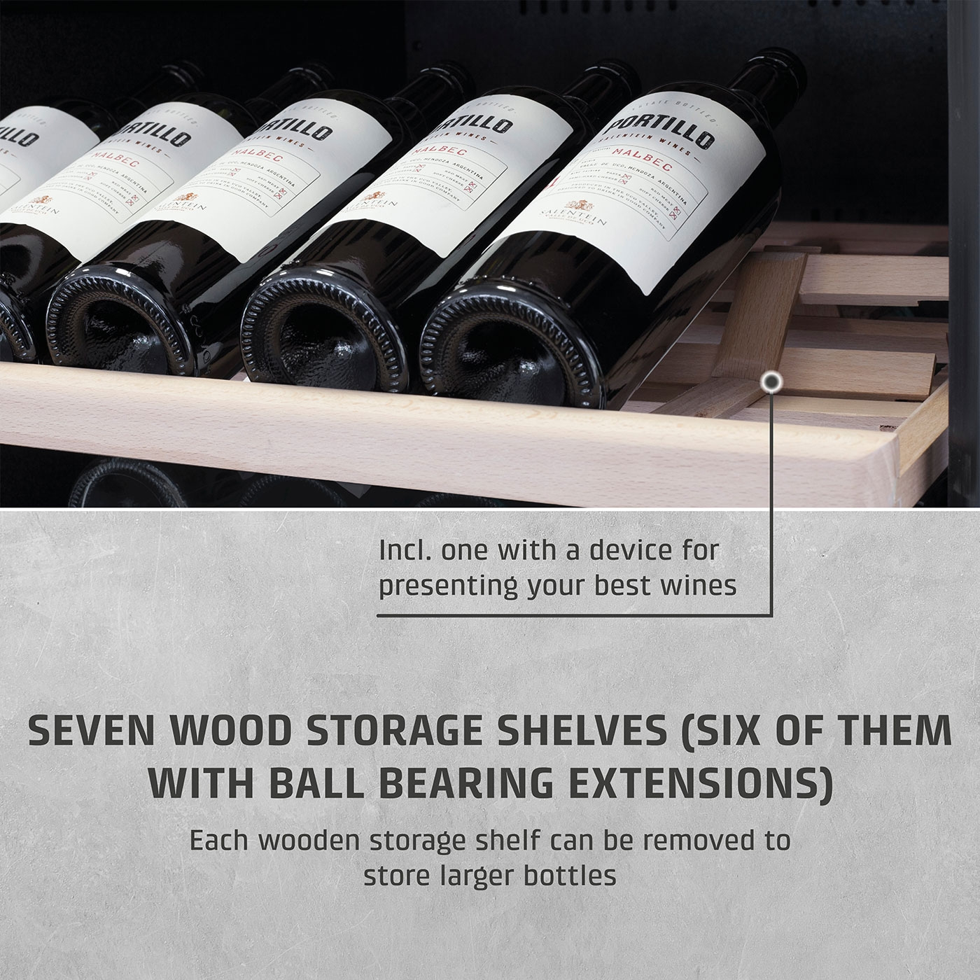 Wine cooler with wooden shelves and wine bottles, presentation device, Malbec wine