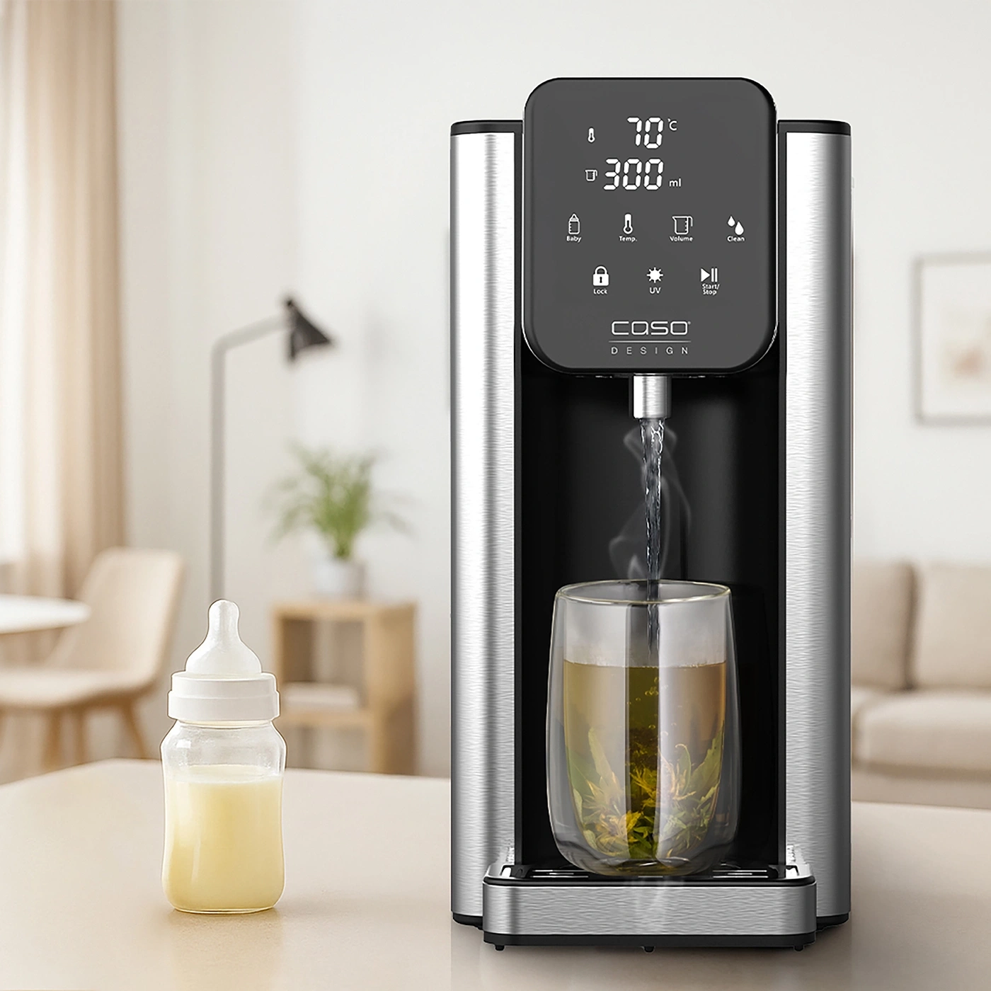 A water dispenser with a glass of tea and a baby bottle.