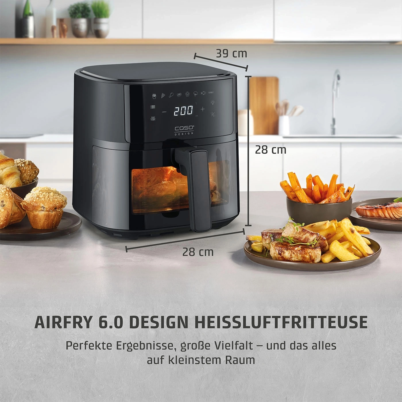 Eine schwarze Heißluftfritteuse mit den Maßen 39 cm, 28 cm und 28 cm.