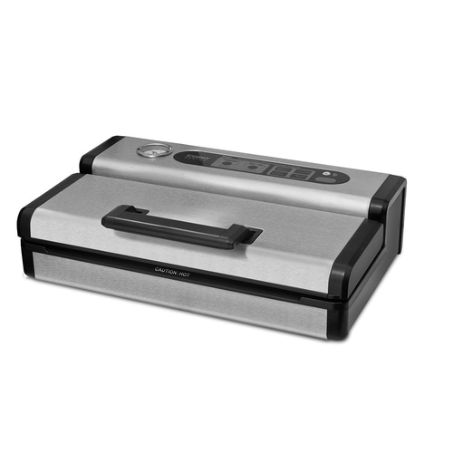 Silver vacuum sealer with black handle and control panel, isolated on white background.